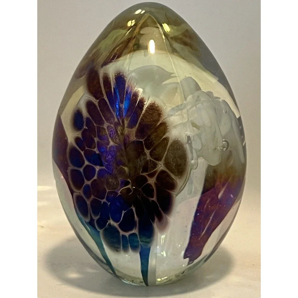 Vintage Metallic Multi Colored Swirl Egg Paperweight White Trumpet Flower